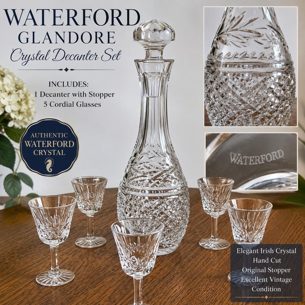 VTG Waterford Glandore Crystal Cordial Decanter Set w/ 5 Glasses Irish w Stopper